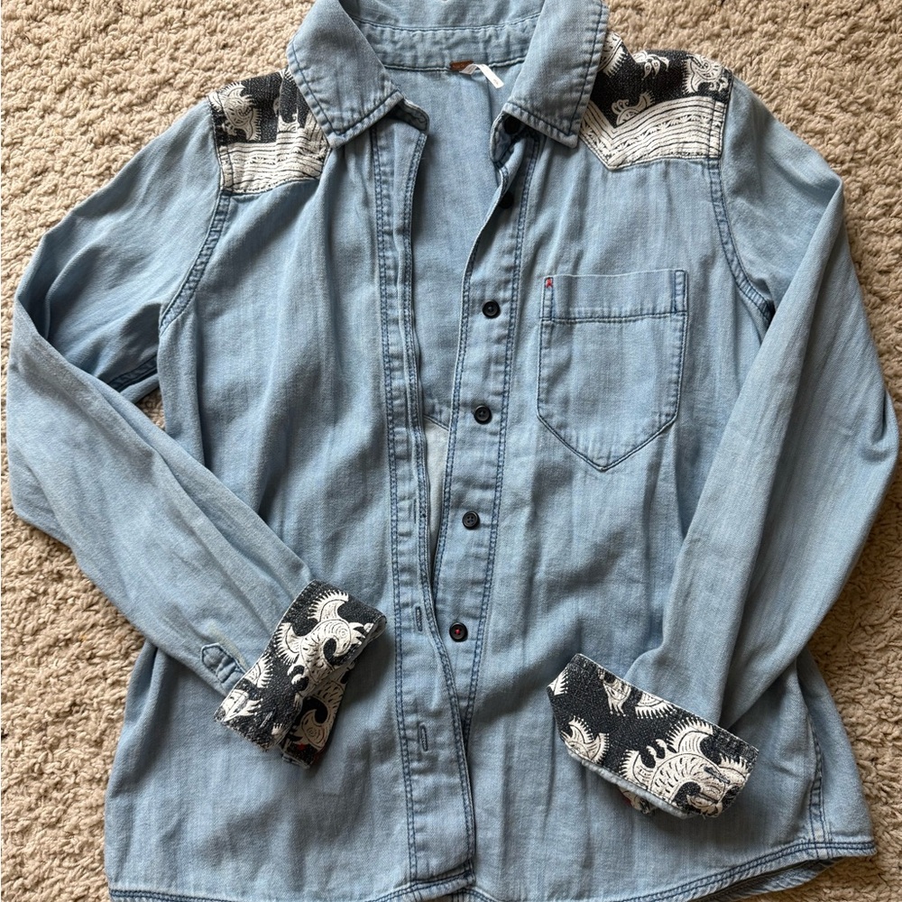 Free People Light Blue Jean Jacket with Black and White Details